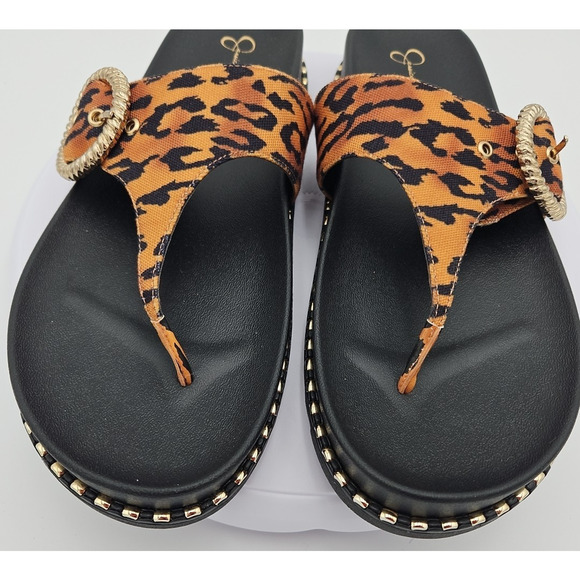 Jessica Simpson CYMMERI Slide Thong Sandal Brown Cheetah Print Gold Buckle EUC - Picture 10 of 13